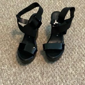 Italian Shoemaker Wedge Heeled Sandal Black Patent Leather Strap